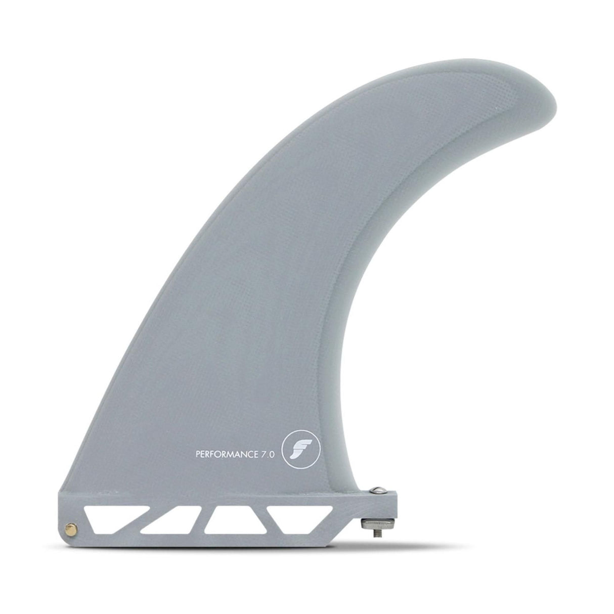 Futures Single Fin Performance Fiberglass grau, geschwungene Form mit Finne-Design, Seitenansicht