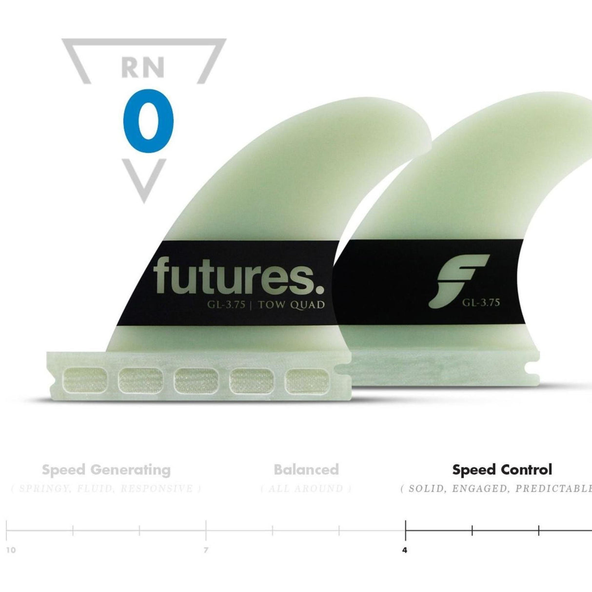 FUTURES Big Wave Quad Fin Set Gerry Lopez G10, grüne Flossen aus G10-Material mit schwarzem futures-Band, Draufsicht