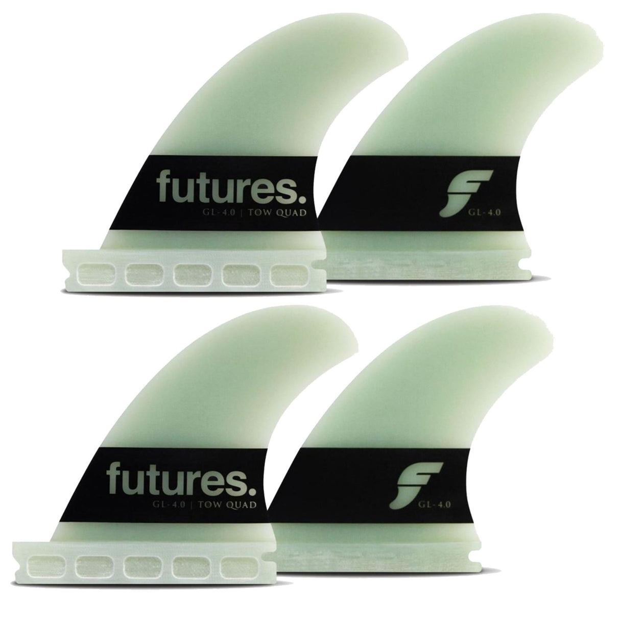 FUTURES Big Wave Quad Fin Set Gerry Lopez G10, vier grüne Flossen mit schwarzem Schaft, Frontalansicht