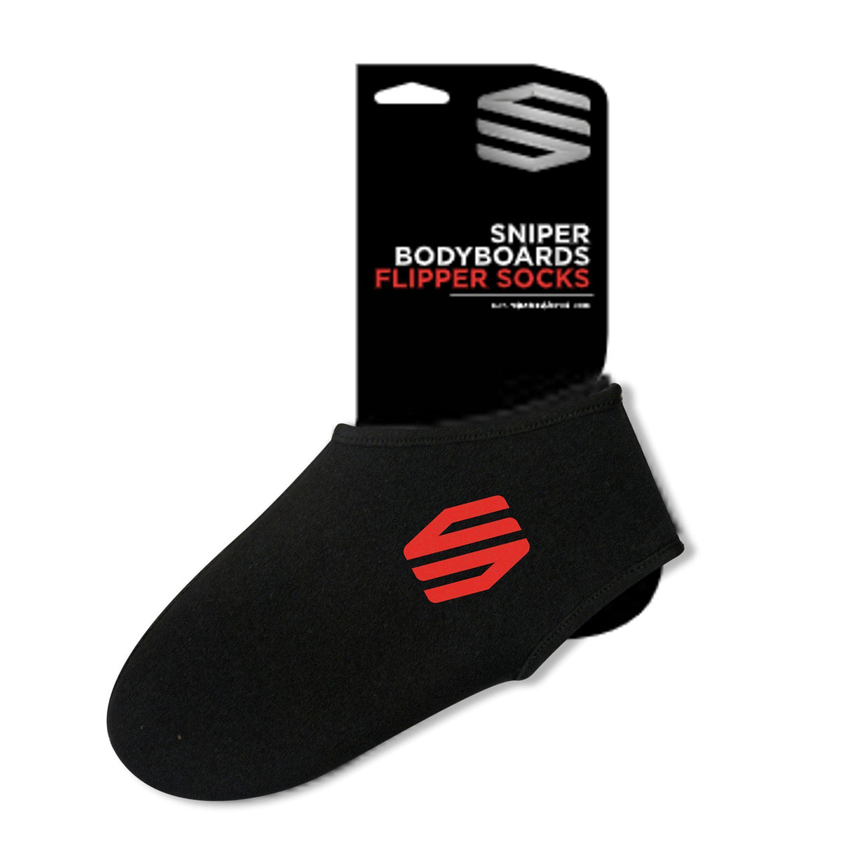 Sniper Bodyboard Neopren Socken schwarz mit rotem Logo, Flipper Socks Verpackung