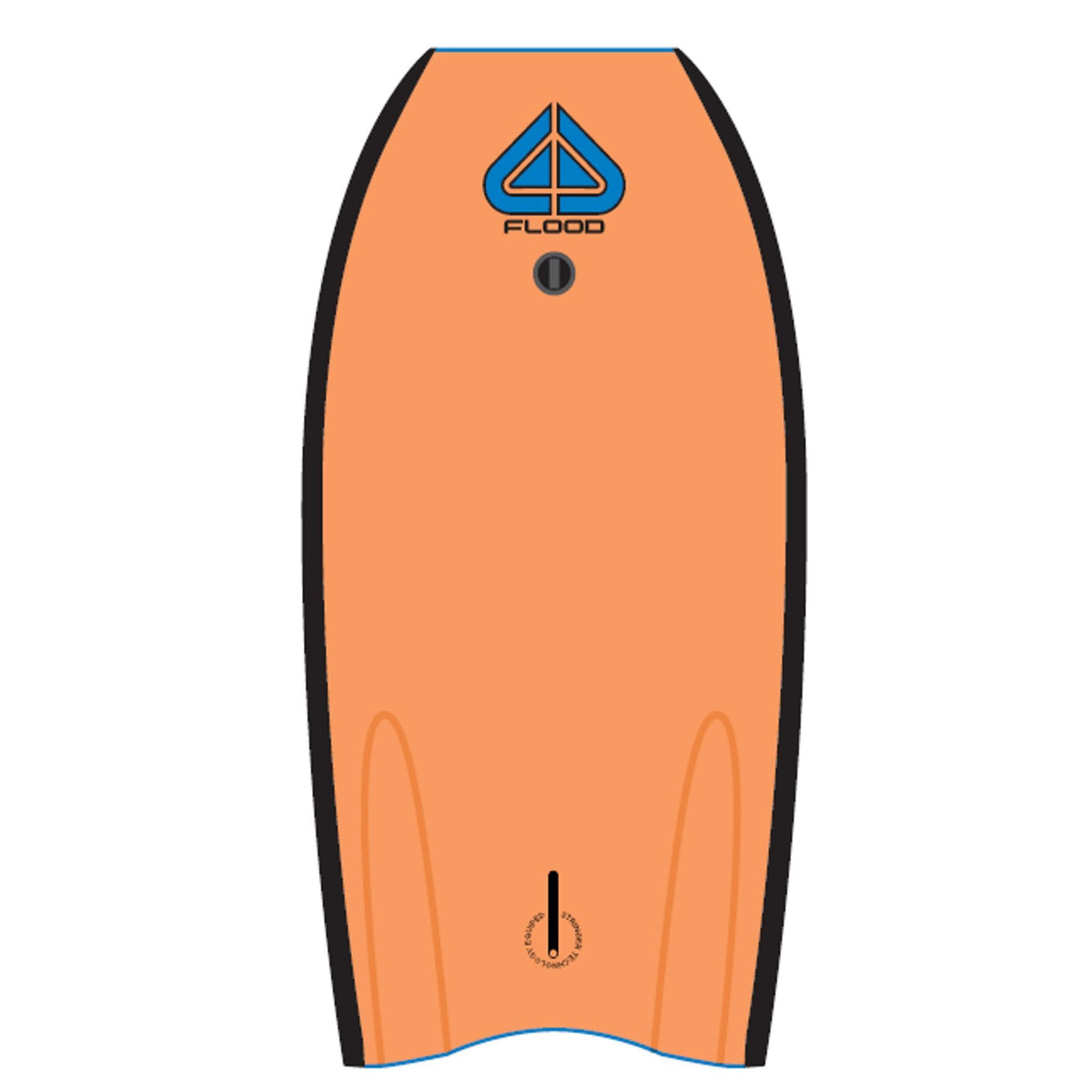 Flood Usurper Bodyboard orange mit schwarzen Kanten, Draufsicht, Kunststoff-Surfboard mit blauem Logo