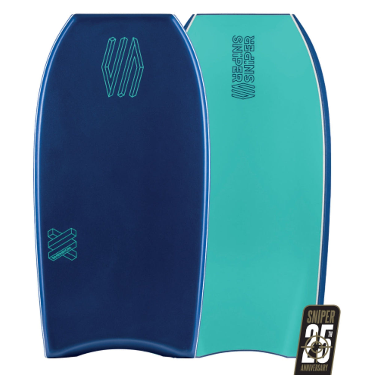 SNIPER Bodyboard Shenron PE Flex in Dunkelblau und Türkis, Frontansicht beider Seiten des Boards mit Logo