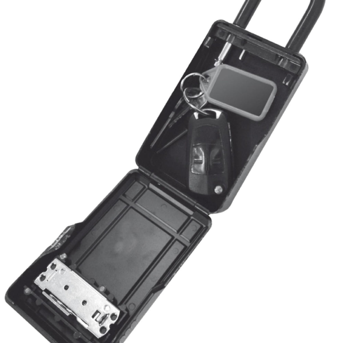 MDNS Keylock Safe Box, schwarzes Kunststoff-Tresorgehäuse mit Schlüsselschloss, geöffnet, Innenansicht mit Fächern und Tragegriffen