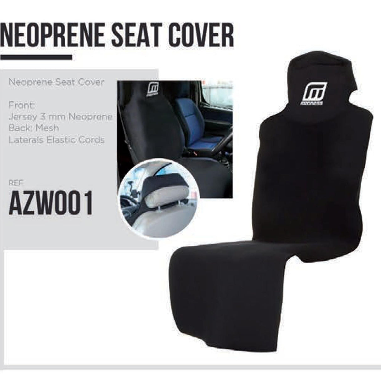 MDNS Neopren Auto-Sitzbezug in Schwarz mit Jersey-Vorderseite, Mesh-Rückseite und elastischen Seitenkordeln, Frontansicht