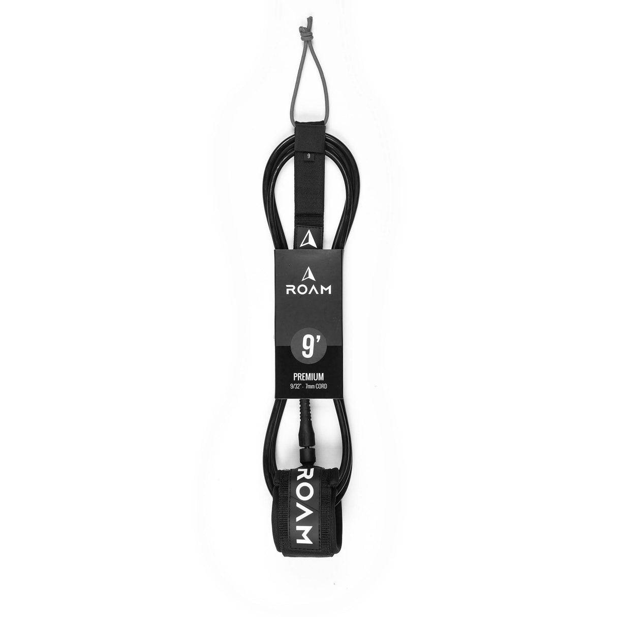 Roam Surfboard Leash Premium 9 Zoll, schwarzes Neopren-Leash mit Manschette und Befestigungsschlaufe, Frontansicht