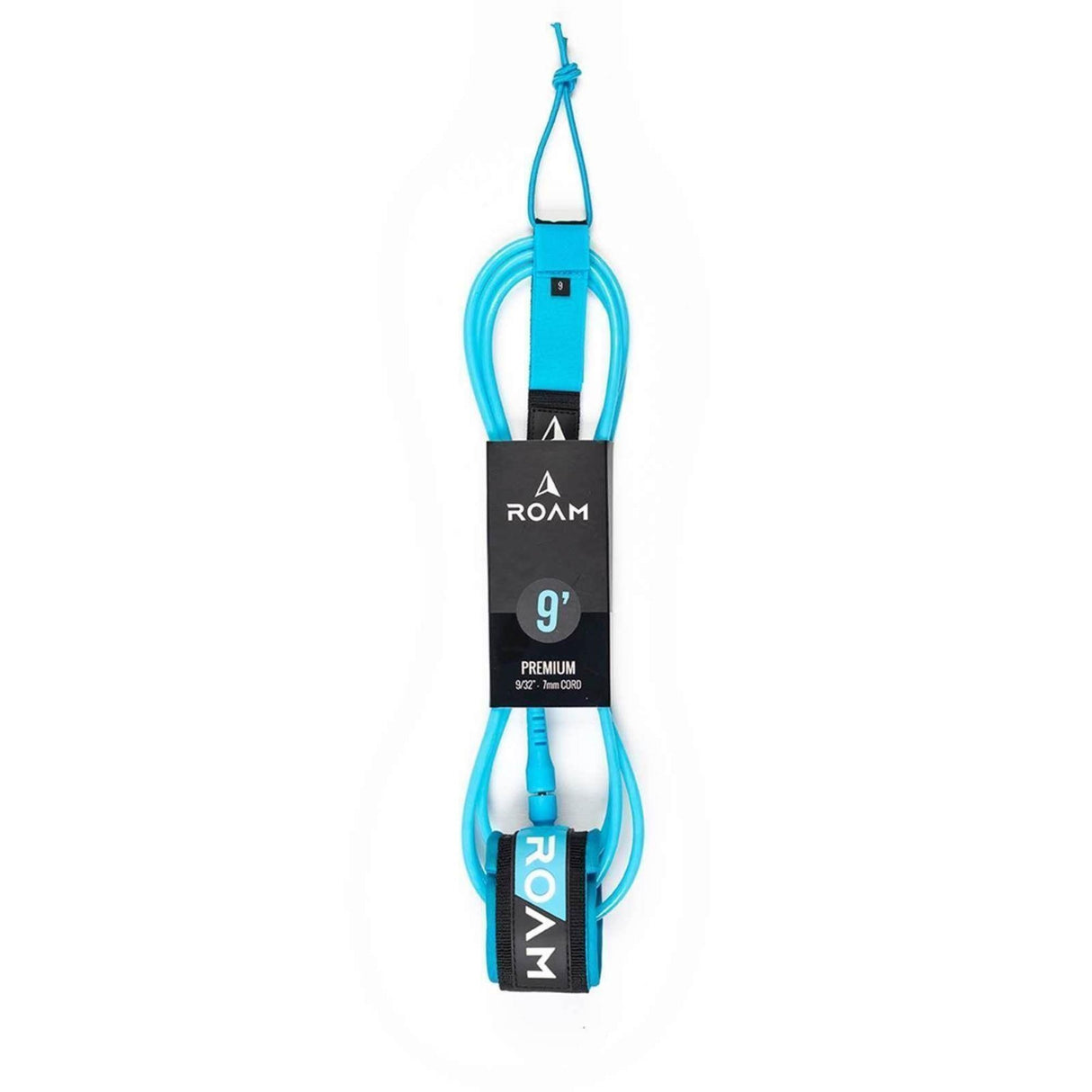 Roam Surfboard Leash Premium in Hellblau, aufgerollt mit schwarzem Branding-Label, Frontalansicht