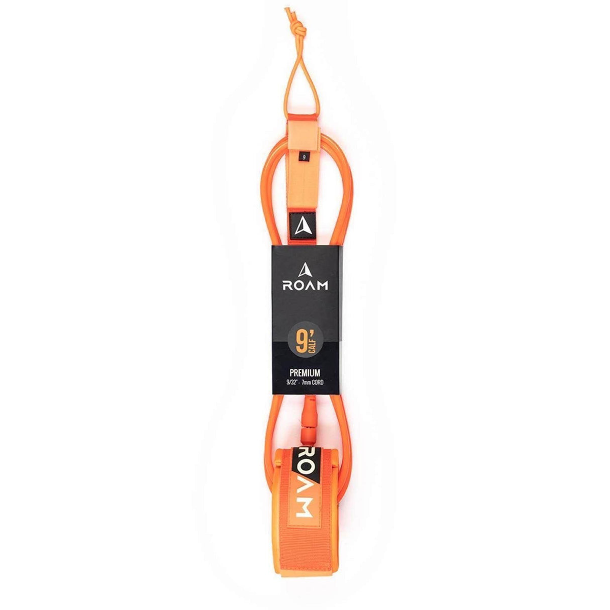 Roam Surfboard Leash Premium Knie orange mit Befestigungssystem, Frontalansicht des Neopren-Fußbands und der Verbindungsschlaufe