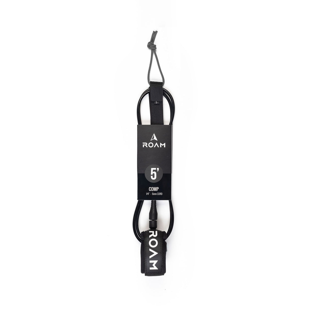 ROAM Surfboard Leash Comp 5 Zoll schwarzes Neopren-Leash mit Grip-Bereich und Befestigungsschlaufe, Frontansicht