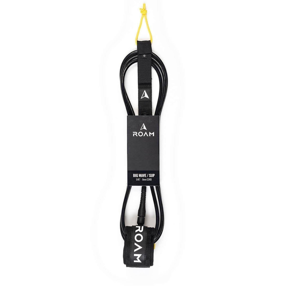ROAM Surfboard Leash Big Wave, schwarze Neopren-Leine mit gelbem Verschluss, Frontansicht