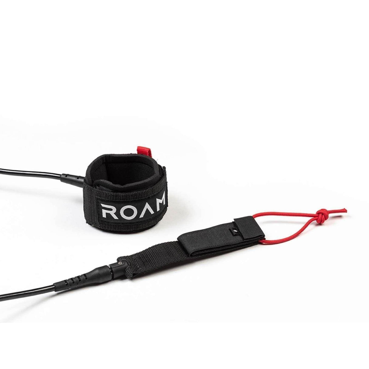 ROAM Surfboard Leash Extra Strong, schwarzes Neopren mit roter Leine und Manschette, Frontansicht