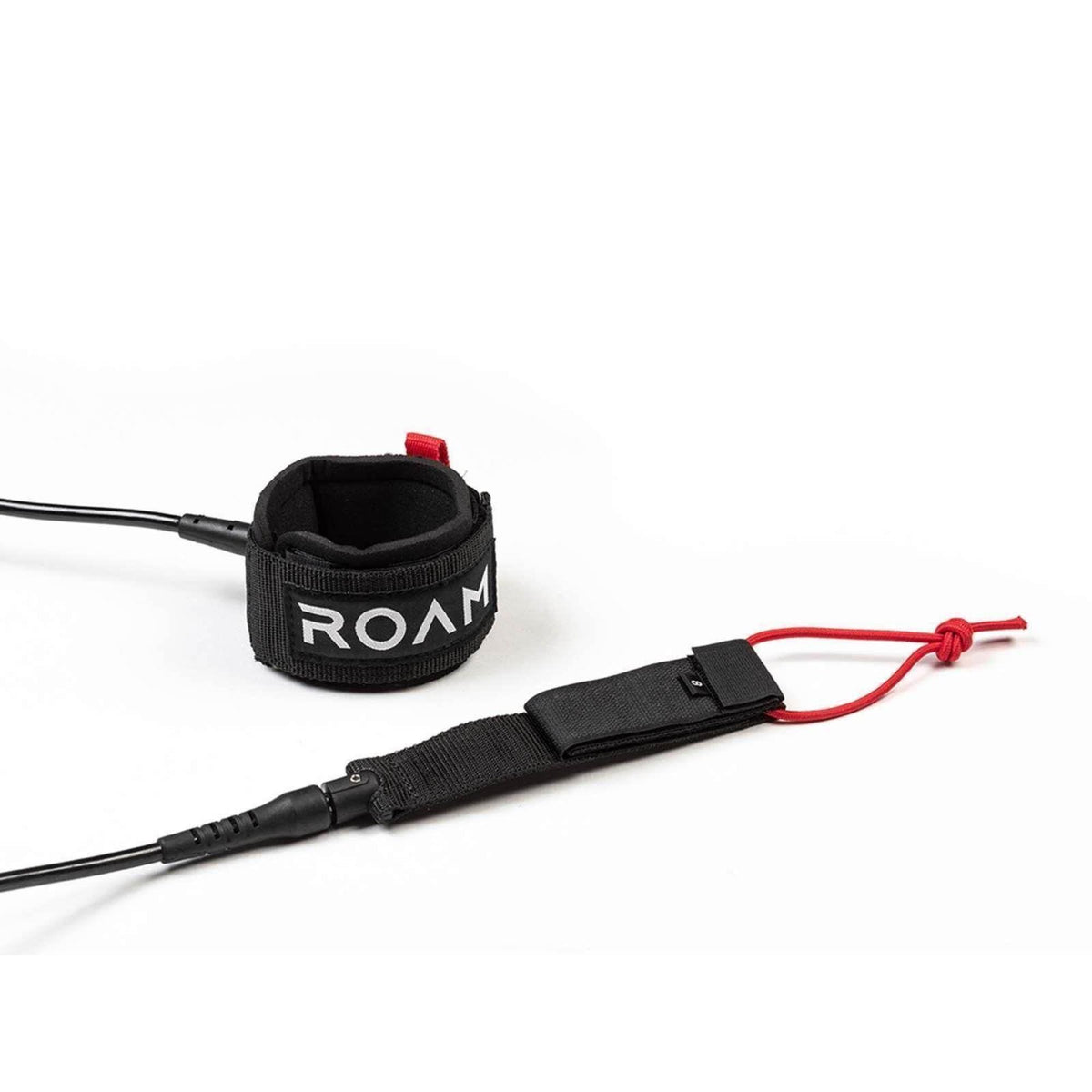 ROAM Surfboard Leash Extra Strong, schwarzes Neopren mit roter Leine und Manschette, Frontansicht