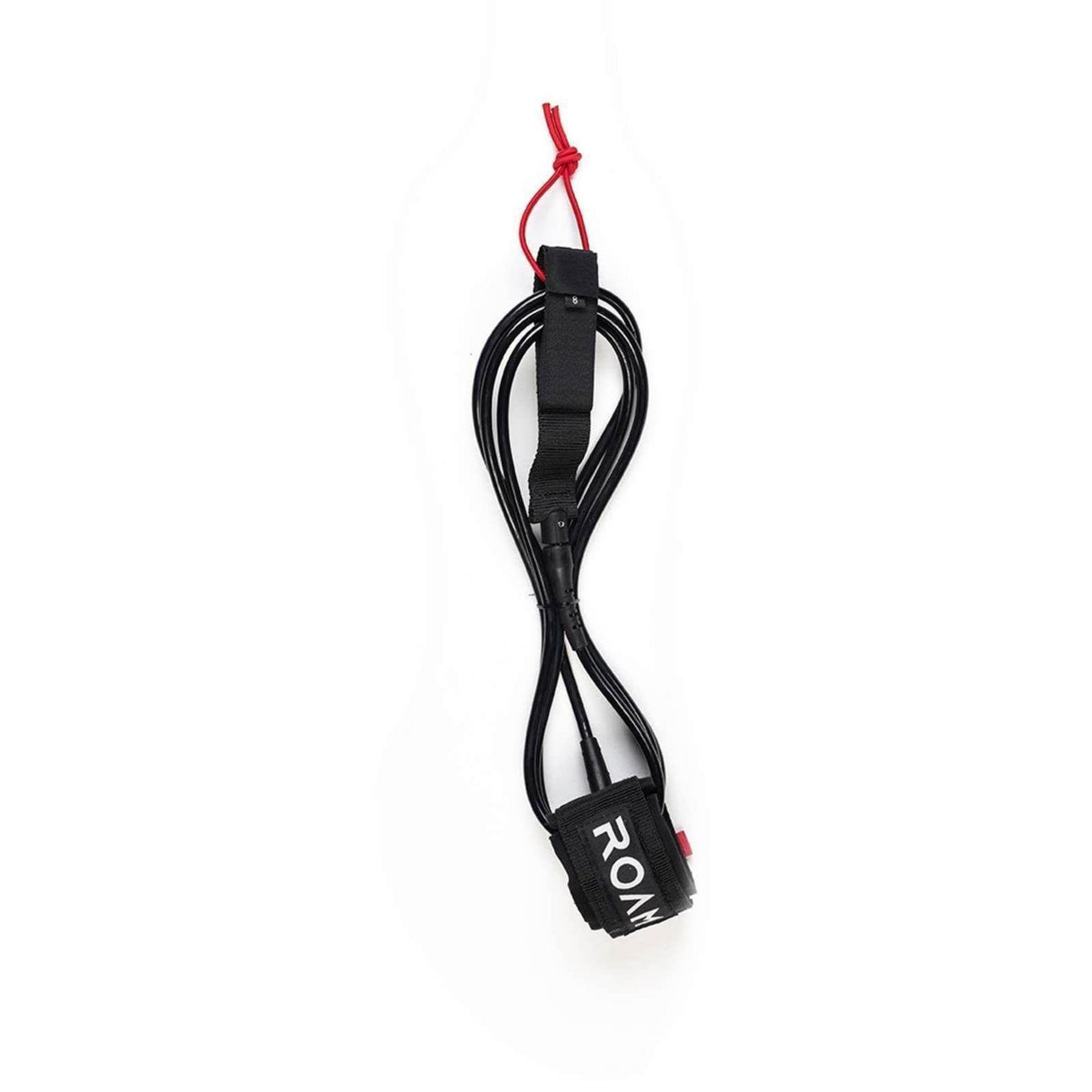ROAM Surfboard Leash Extra Strong, schwarzes Neopren-Seil mit roter Schlaufe und schwarzem Cuff, Frontansicht