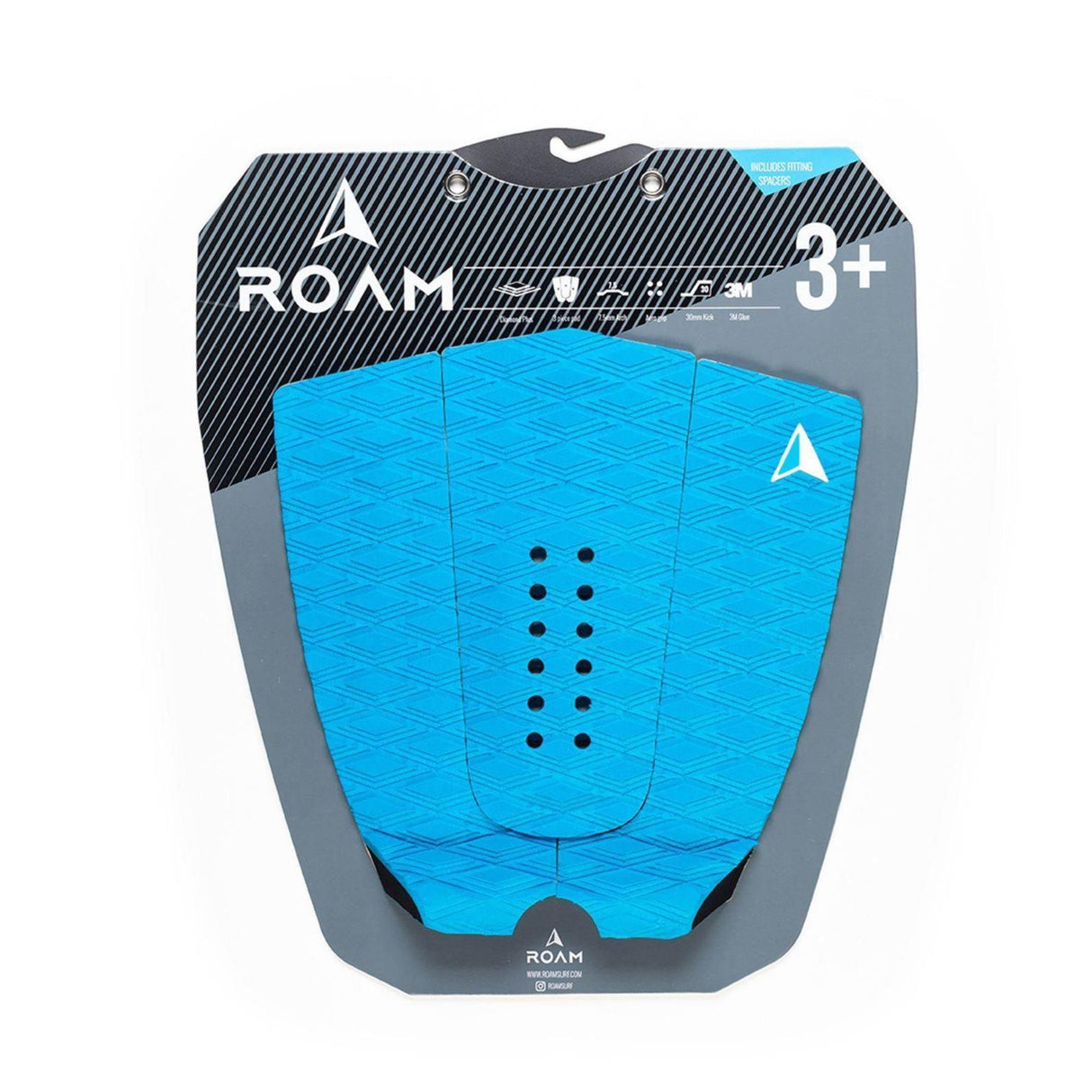 Roam Footpad Deck Grip Traction Pad 3-tlg blau mit Lochstruktur, Draufsicht auf Surfboard-Belag