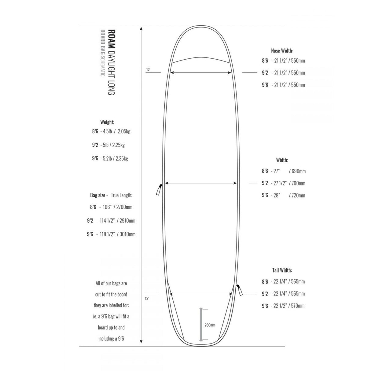 ROAM Surfboard Daylight Longboard, Draufsicht, weiß mit schwarzen Konturen, technische Zeichnung mit Abmessungen und Gewichtsangaben