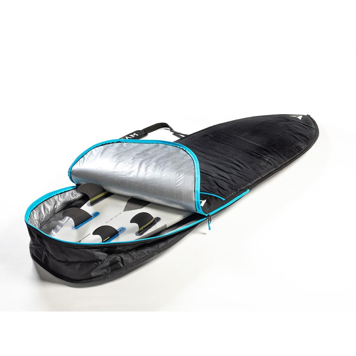 ROAM Boardbag Surfboard Tech Bag Hybrid Fish, schwarz mit blauem Reißverschluss, geöffnet mit Schaumstoffpolsterung und Innenfächern