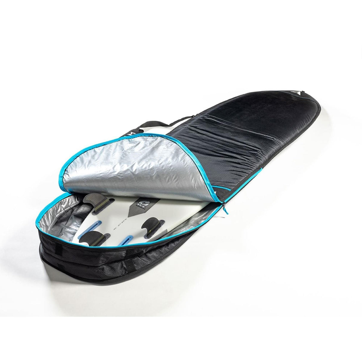 ROAM Tech Boardbag Funboard schwarz mit blauem Reißverschluss, geöffnet mit Surfboard innen, seitliche Ansicht
