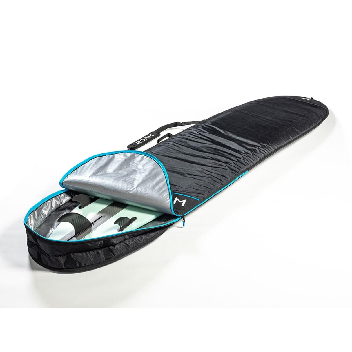 ROAM Surfboard Tech Bag Longboard in Schwarz mit blauem Reißverschluss, geöffnet, zeigt silberne Polsterung und Transportgriffe