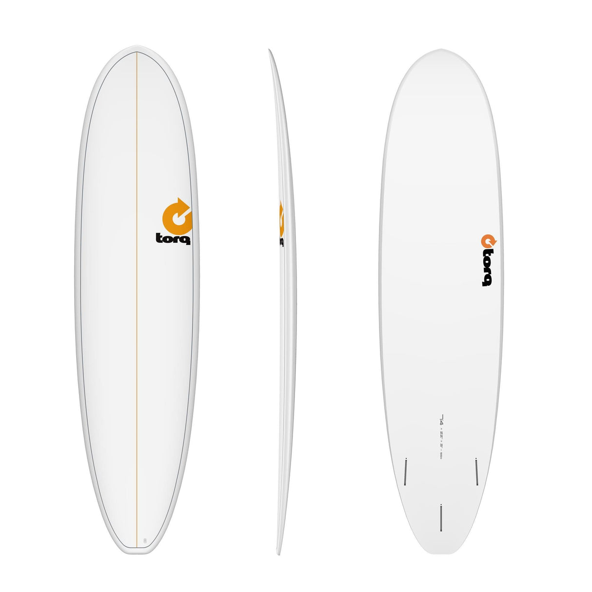 Torq TET V+ MOD Fun Surfboard weiß, drei Ansichten (oben, Seite, unten), Funboard mit goldener Mittellinie