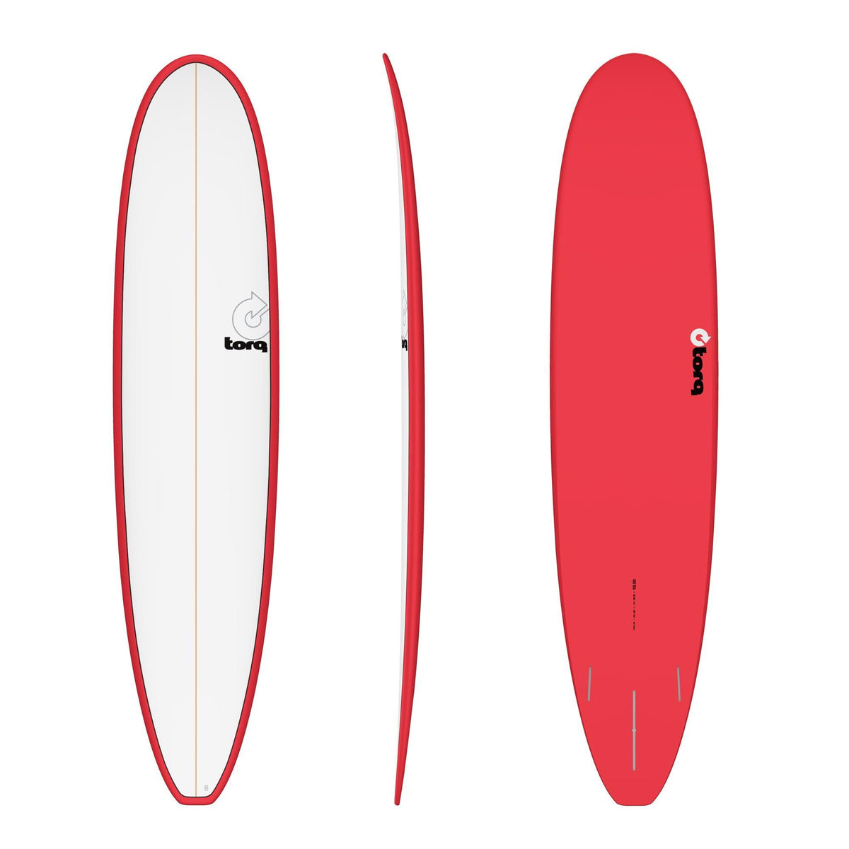 Torq TET Longboard in Rot-Weiß, Draufsicht, Seitenansicht und Unterseite, ovale Form mit roter Kante