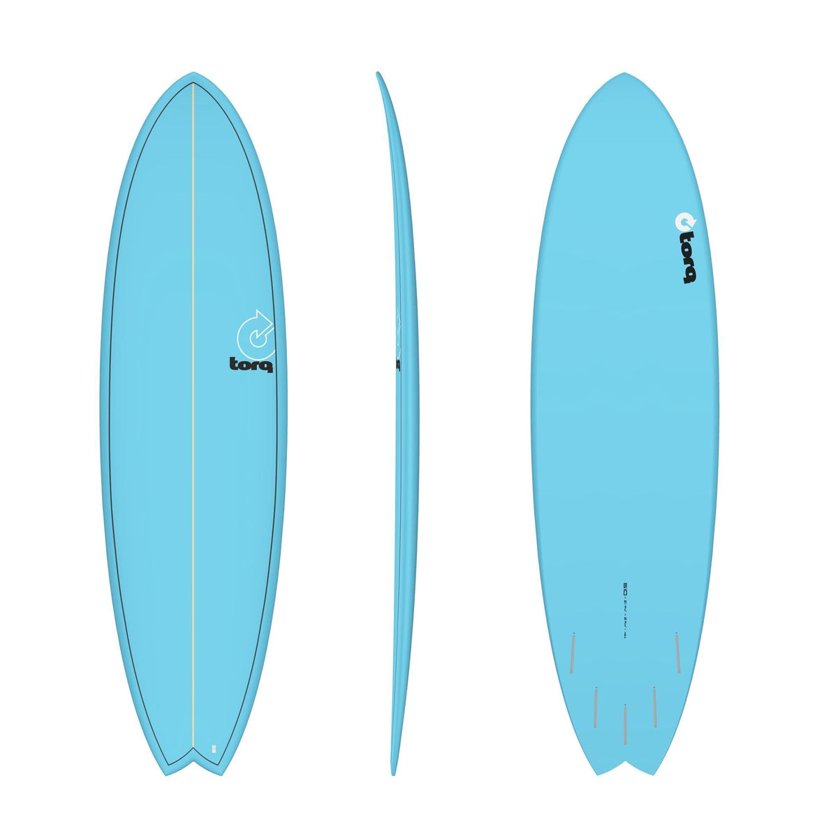 Torq TET MOD Fun & Fish Surfboard in Hellblau, drei Ansichten von oben, Seite und unten, mit abgerundeter Fischform und Finnen