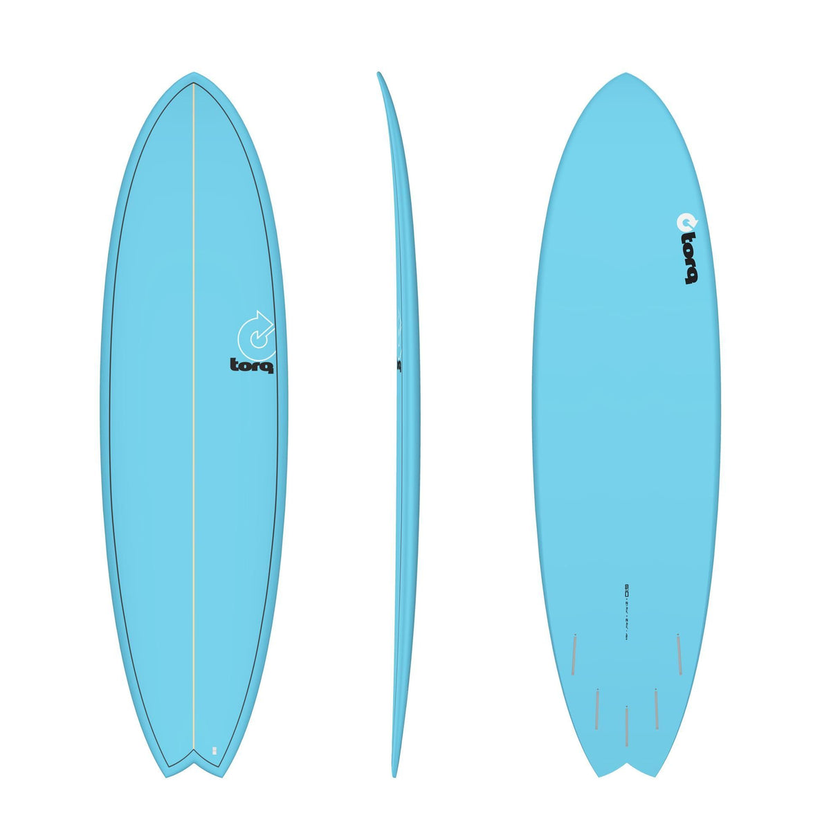 Torq TET MOD Fun & Fish Surfboard in Hellblau, drei Ansichten von oben, Seite und unten, mit abgerundeter Fischform und Finnen