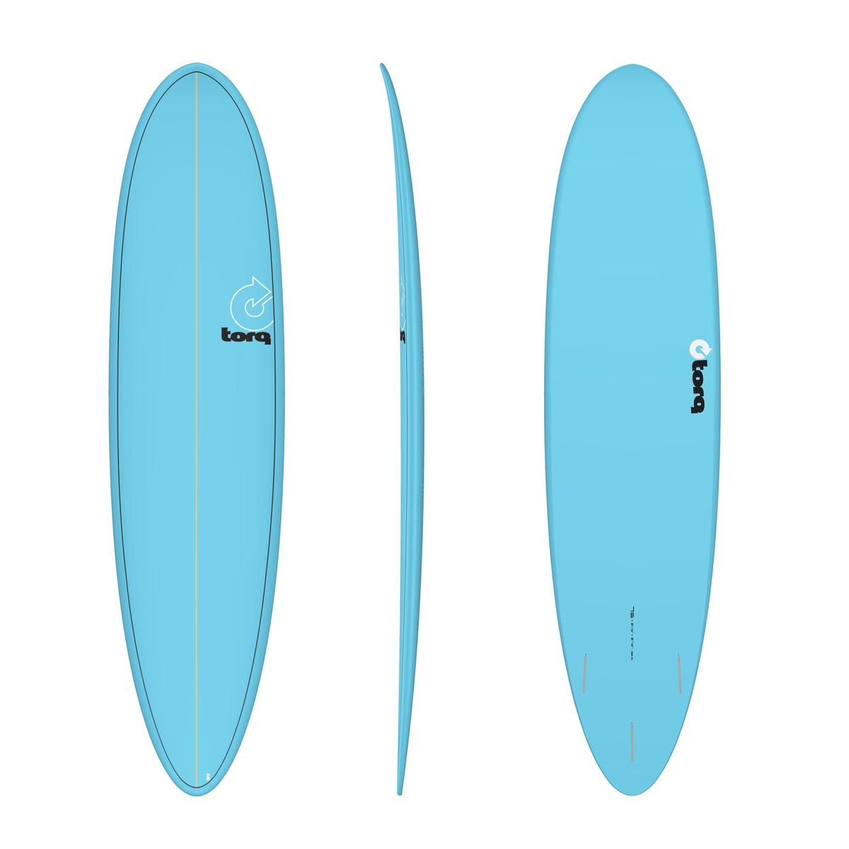 Torq TET MOD Fun & Fish Surfboard in Hellblau, Draufsicht von vorne, Seite und hinten, mit Torq-Logo und Fischgrafik