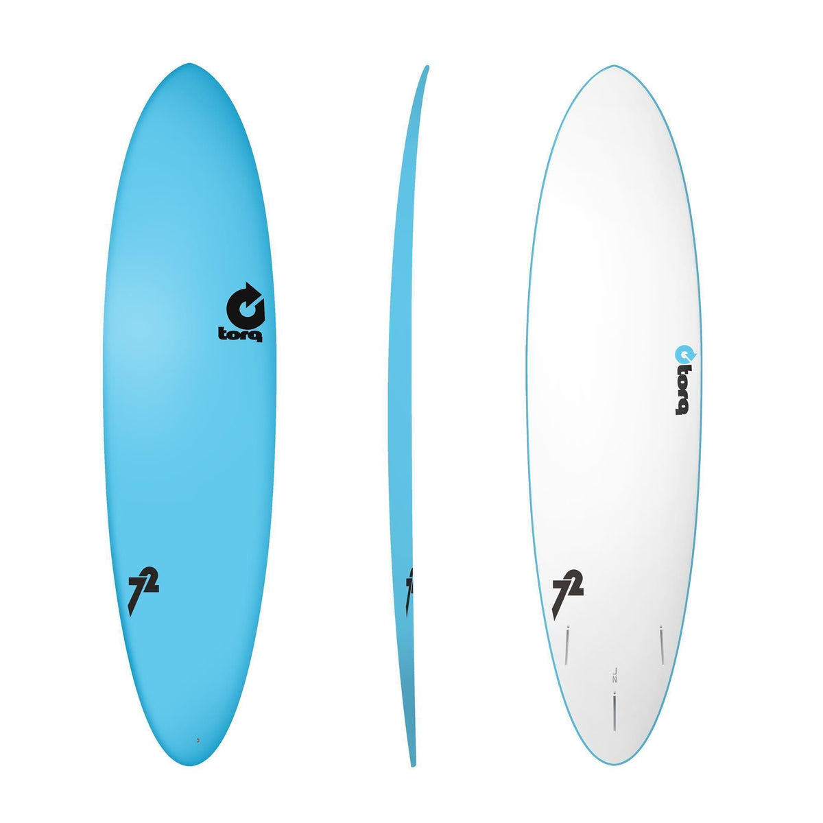 Torq Softboard Funboard in Blau und Weiß, Draufsicht und Seitenansicht, weiches Surfboard mit abgerundeter Form
