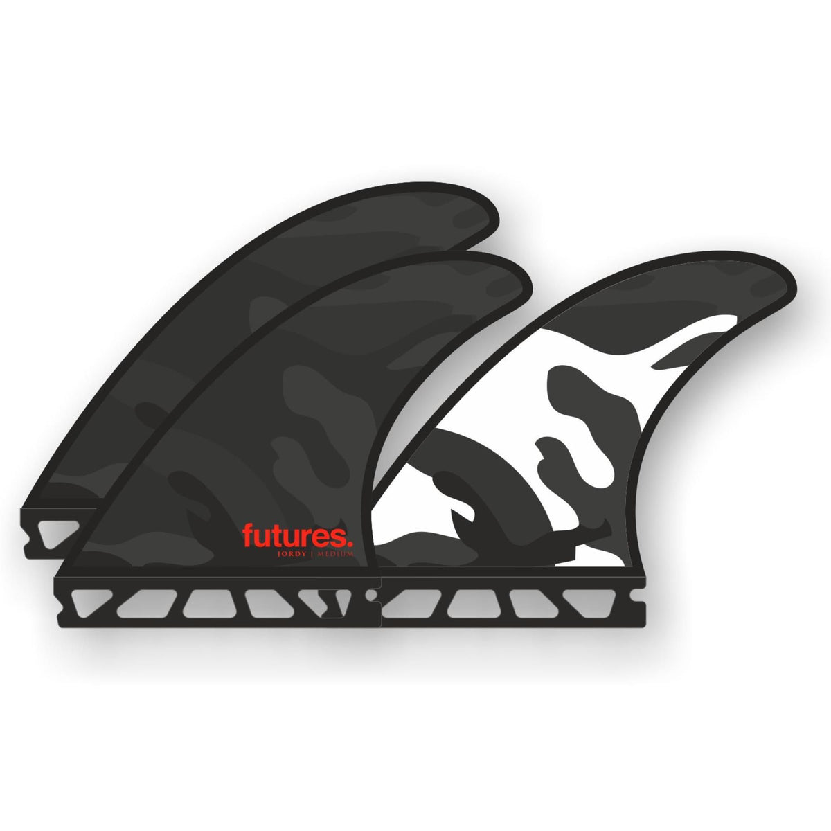 Futures Thruster Fin Set Jordy Smith Honeycomb schwarz weiß, drei Flossen mit Wabenstruktur Seitenansicht