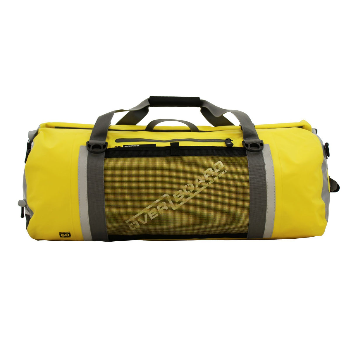 OverBoard Duffel Bag Pro, gelb, wasserdichte Reisetasche mit schwarzen Griffen und Schultergurt, Seitensicht