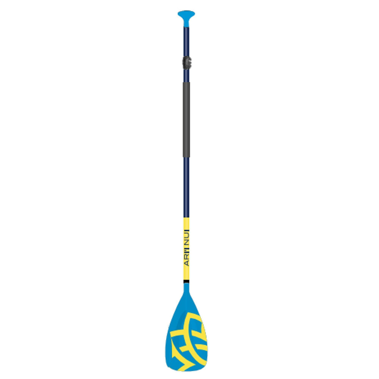 Ariinui SUP Paddel Alu 3-tlg mit blauem Blatt, grauem Schaft und gelbem Design, dreiteilig zerlegbar