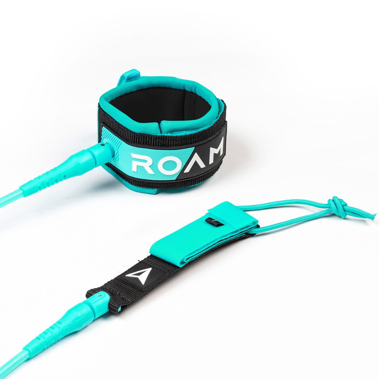 Roam Surfboard Leash Premium in Türkis mit Knöchelmanschette und Verbindungsseil, Draufsicht