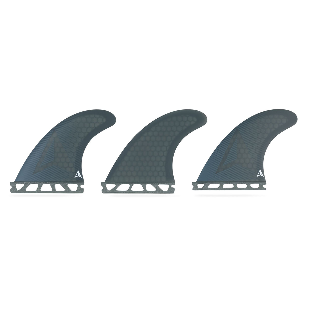 Roam Thruster Fin Set Allround Futures drei grau-blaue Flossen mit Wabenstruktur Frontalansicht