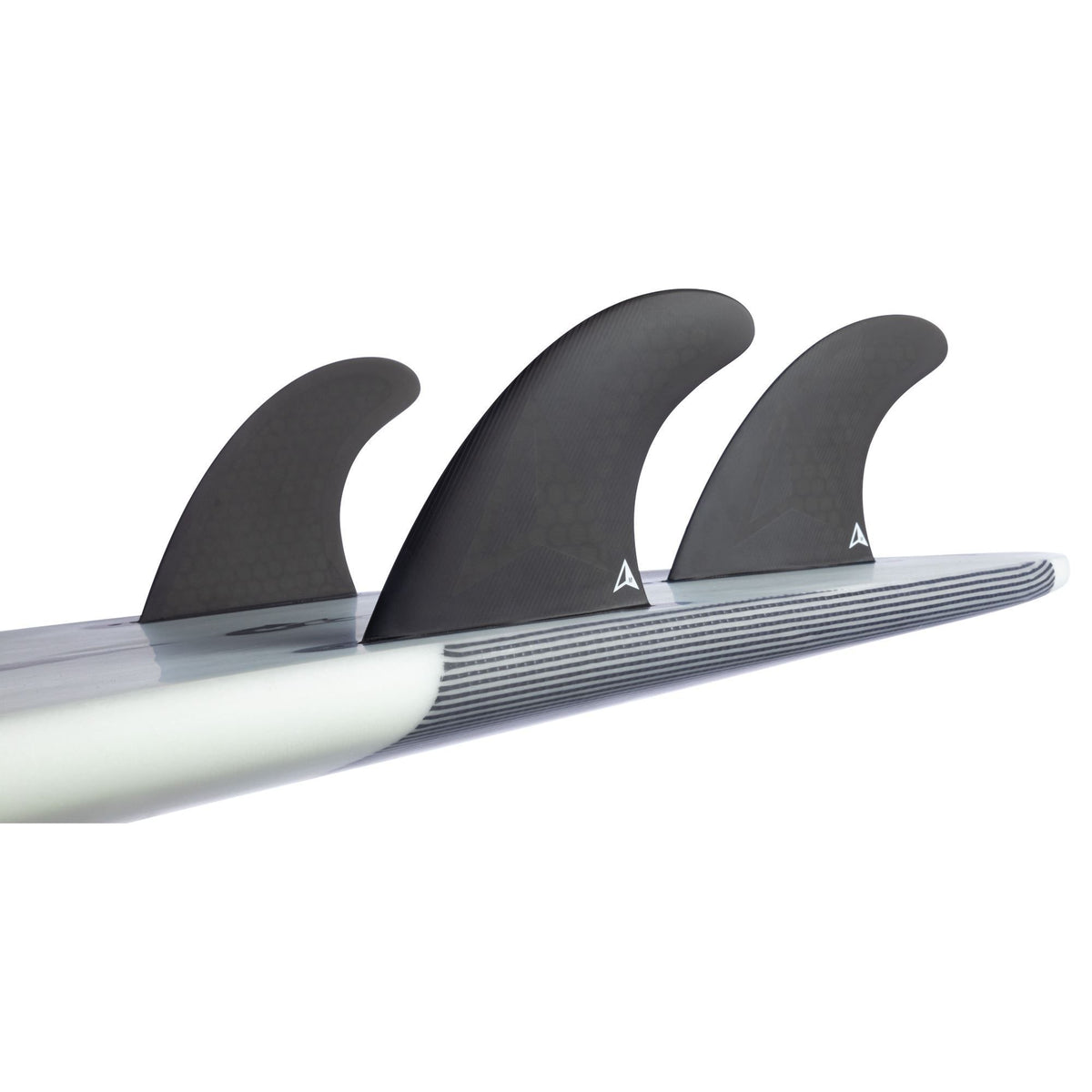 Roam Thruster Fin Set Allround Futures, drei schwarze Finnen mit grauem Baseplate, Seitenansicht