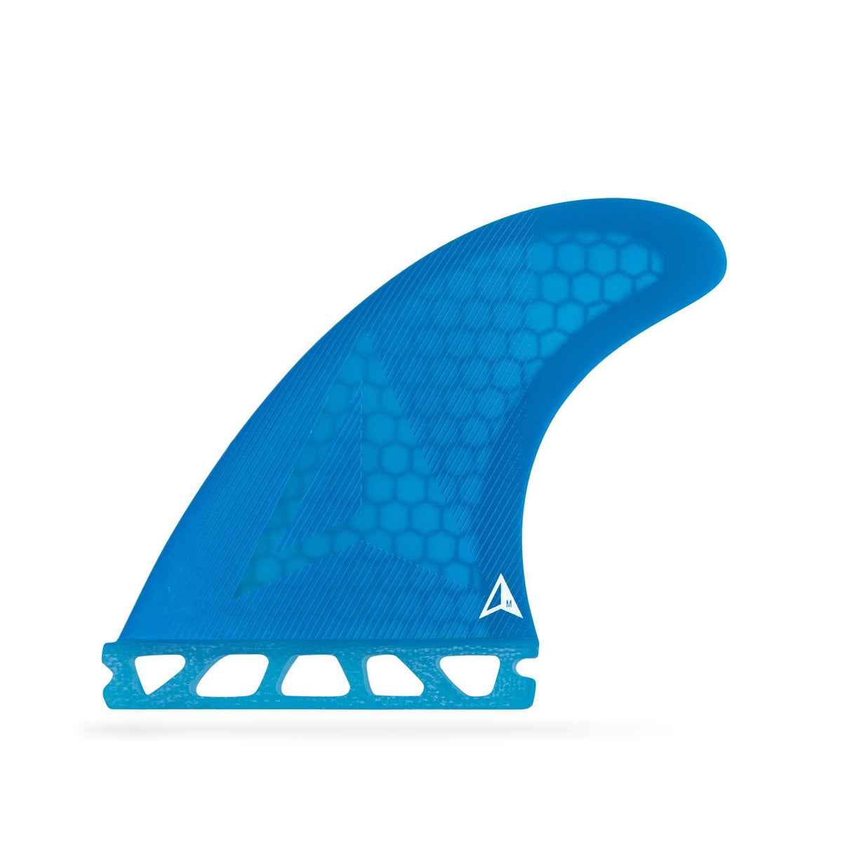 Roam Thruster Fin Set Allround blau mit Futures-Box, Seitenansicht einer einzelnen Finne mit Wabenstruktur
