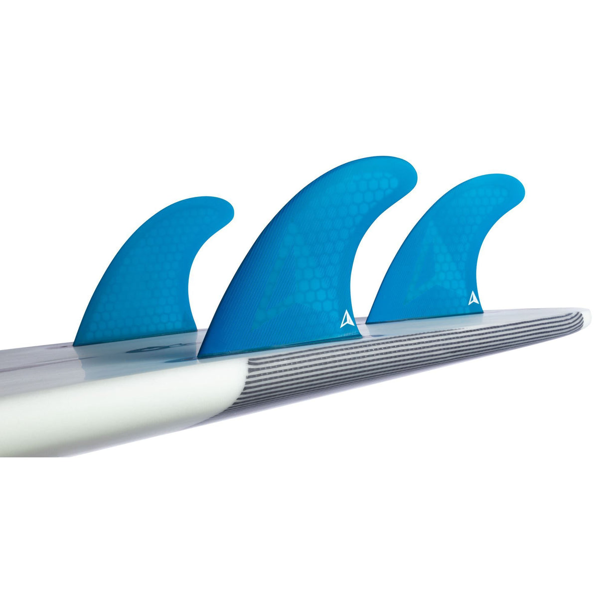 Roam Thruster Fin Set Allround mit drei blauen Flossen und weißer Basis, FCS-System, Seitenansicht