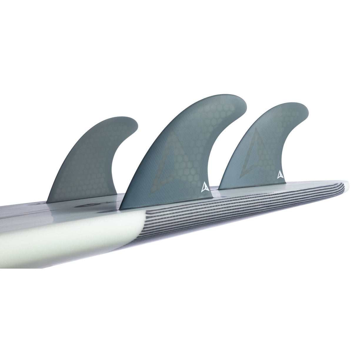 Roam Thruster Fin Set Allround FCS, drei graue Flossen mit weißem Baseplate, Seitenansicht