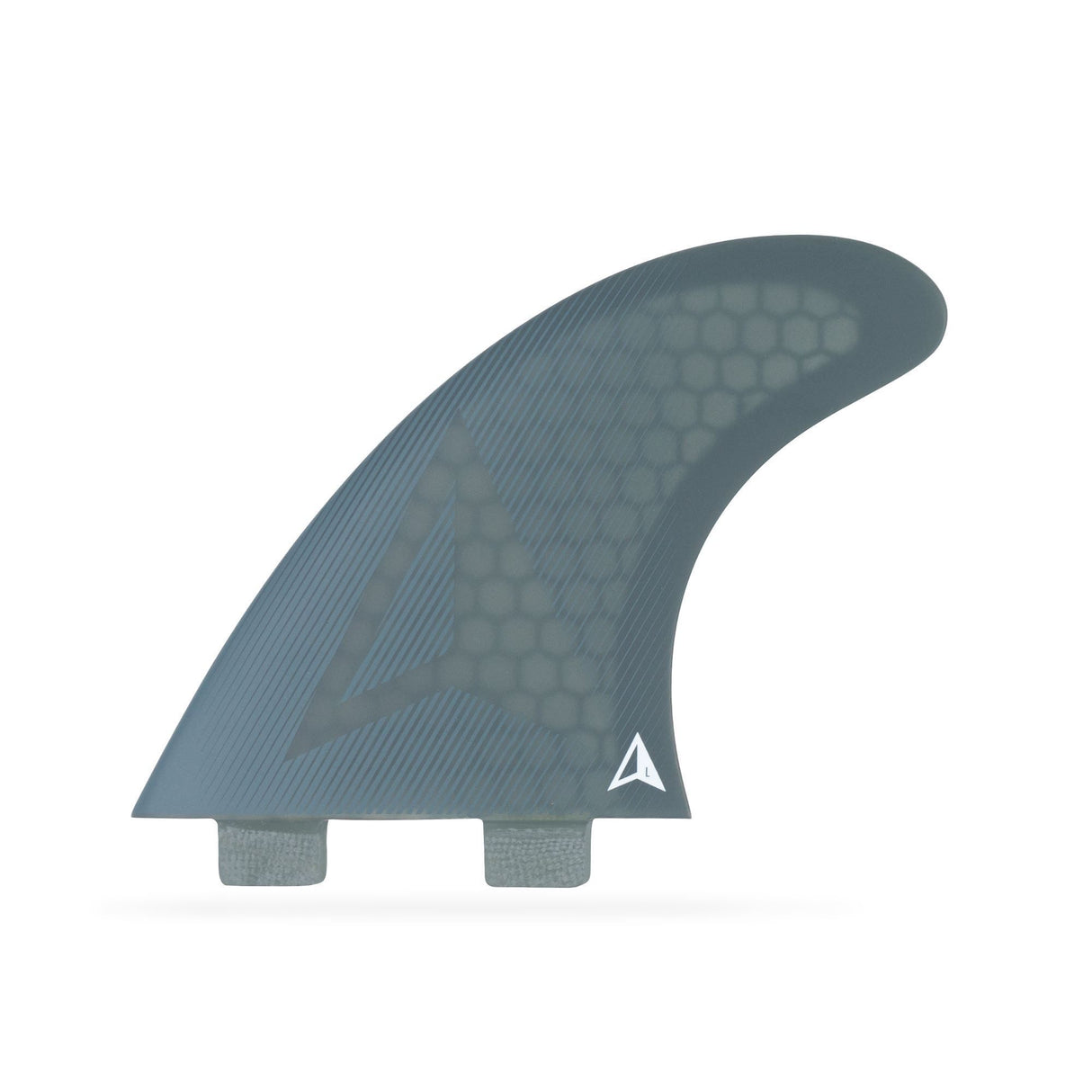 Roam Thruster Fin Set Allround, drei graugrüne Surfflossen mit FCS-System, strukturierte Oberfläche, Seitenansicht