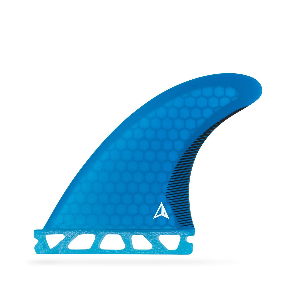 Roam Thruster Fin Set Performer in Blau mit Futures-Boxensystem, strukturierte Oberfläche und durchbrochene Basis, Seitenansicht
