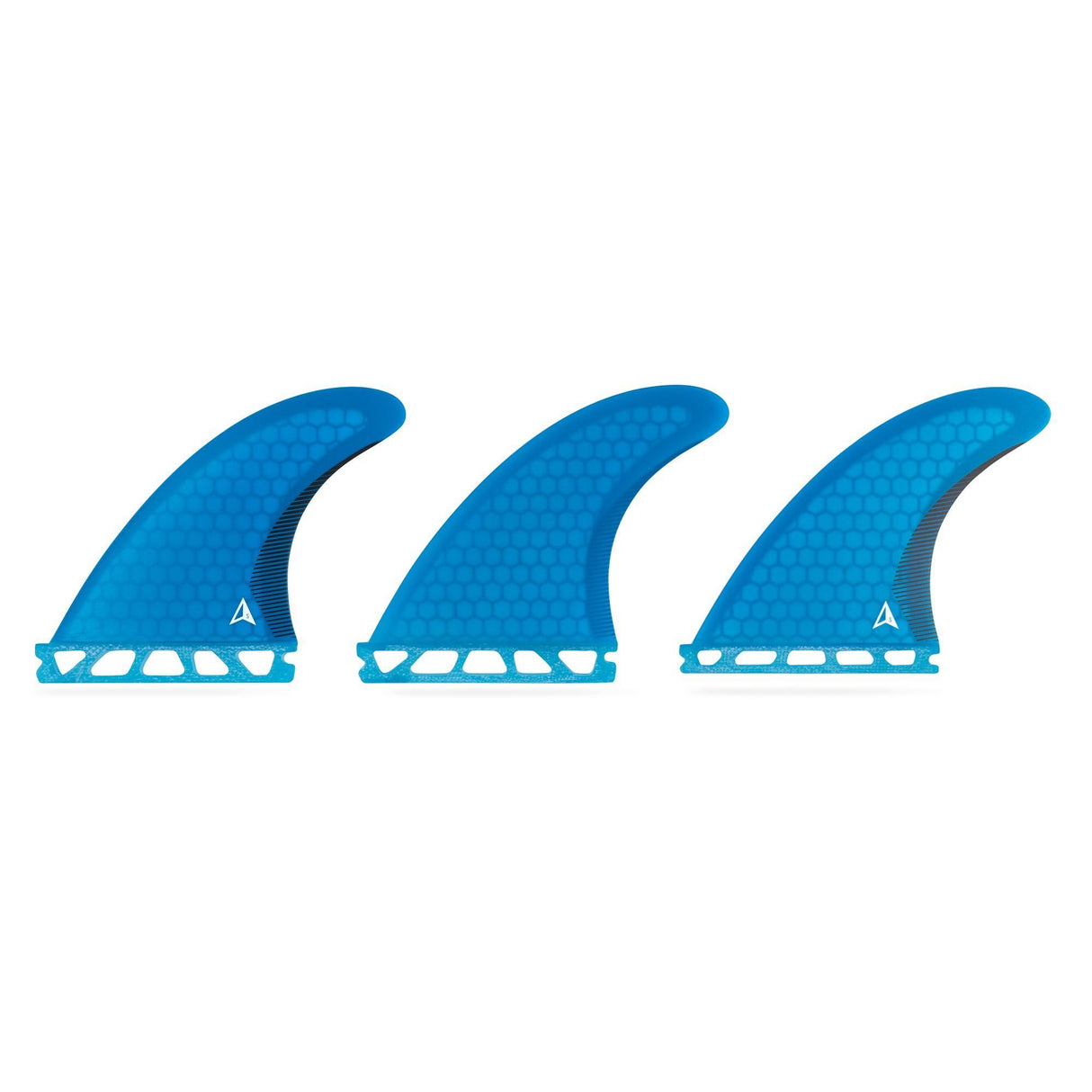 Roam Thruster Fin Set Performer Futures, drei blaue Surfflossen mit Futures-Boxen, Frontansicht