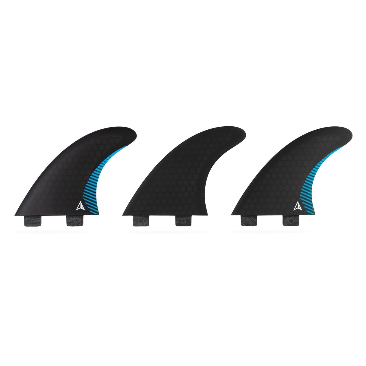 ROAM Thruster Finnensatz Performer two tab, schwarz mit blauem Akzent, drei Flossen von vorne