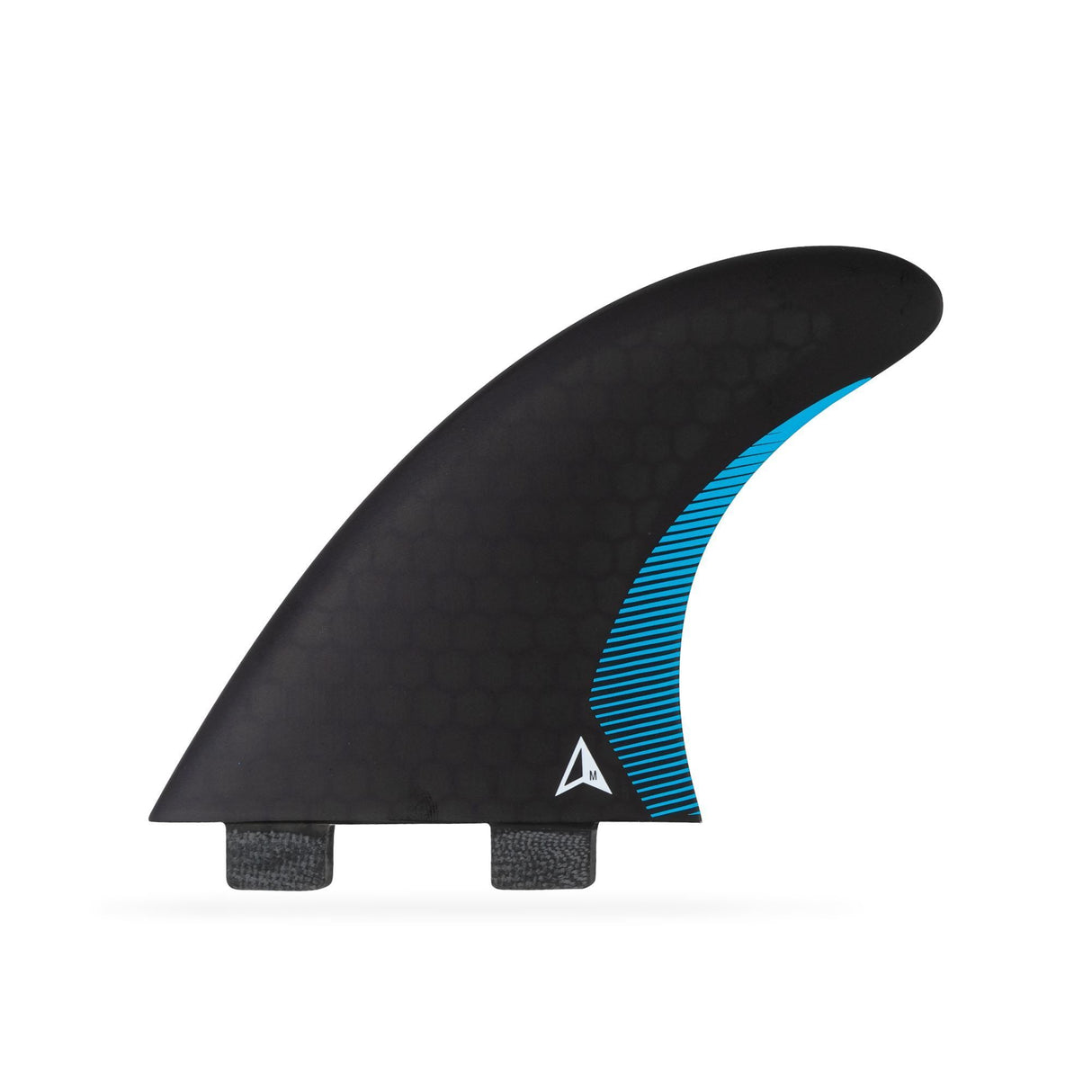 ROAM Thruster Finnensatz Performer two tab, schwarze Flosse mit blauem Innenmuster und zwei Boxen, Seitenansicht