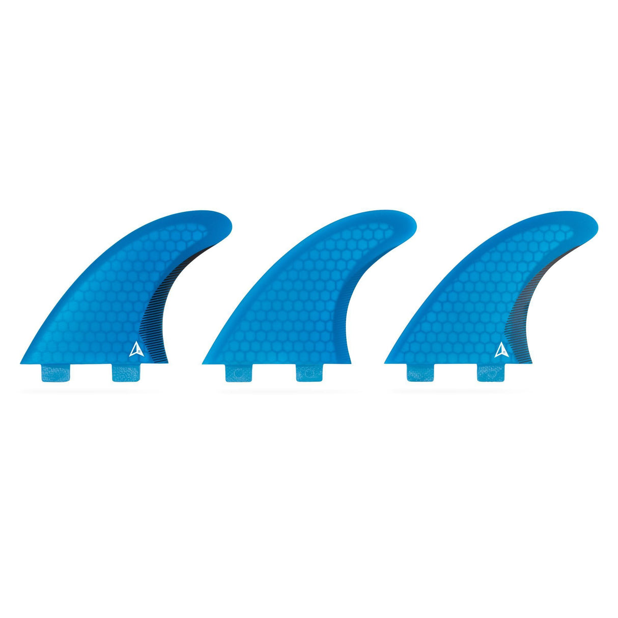 ROAM Thruster Finnensatz Performer two tab, drei blaue Surfflossen mit Two-Tab-Boxen, Frontansicht