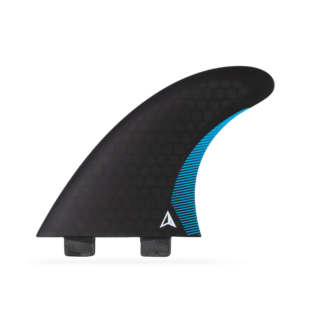 ROAM Thruster Finnensatz Performer two tab, schwarze Flosse mit blauem Streifen und zwei Tabs, Seitenansicht