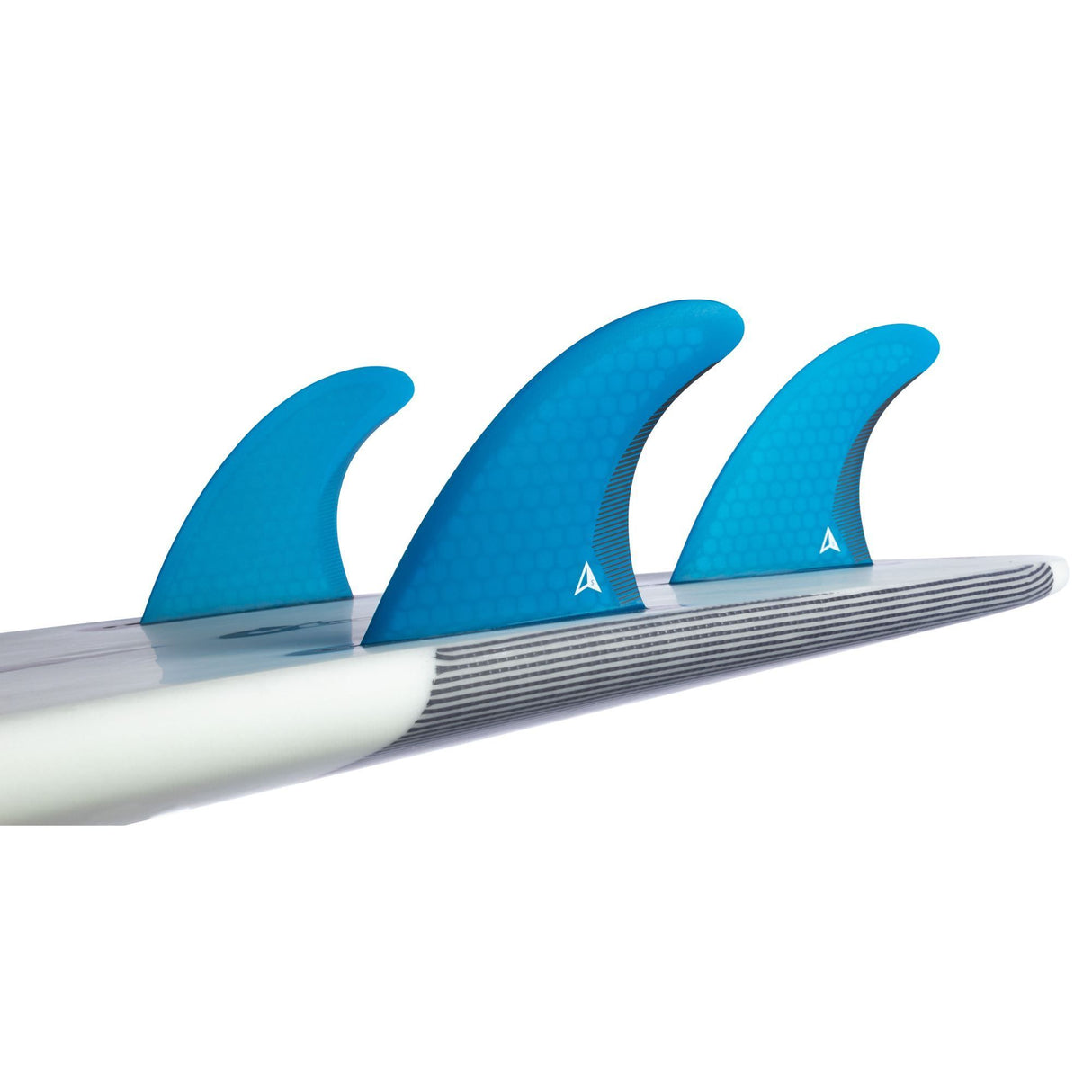 ROAM Thruster Finnensatz Performer two tab, drei blaue Finnen mit weißem Baseplate, Seitenansicht