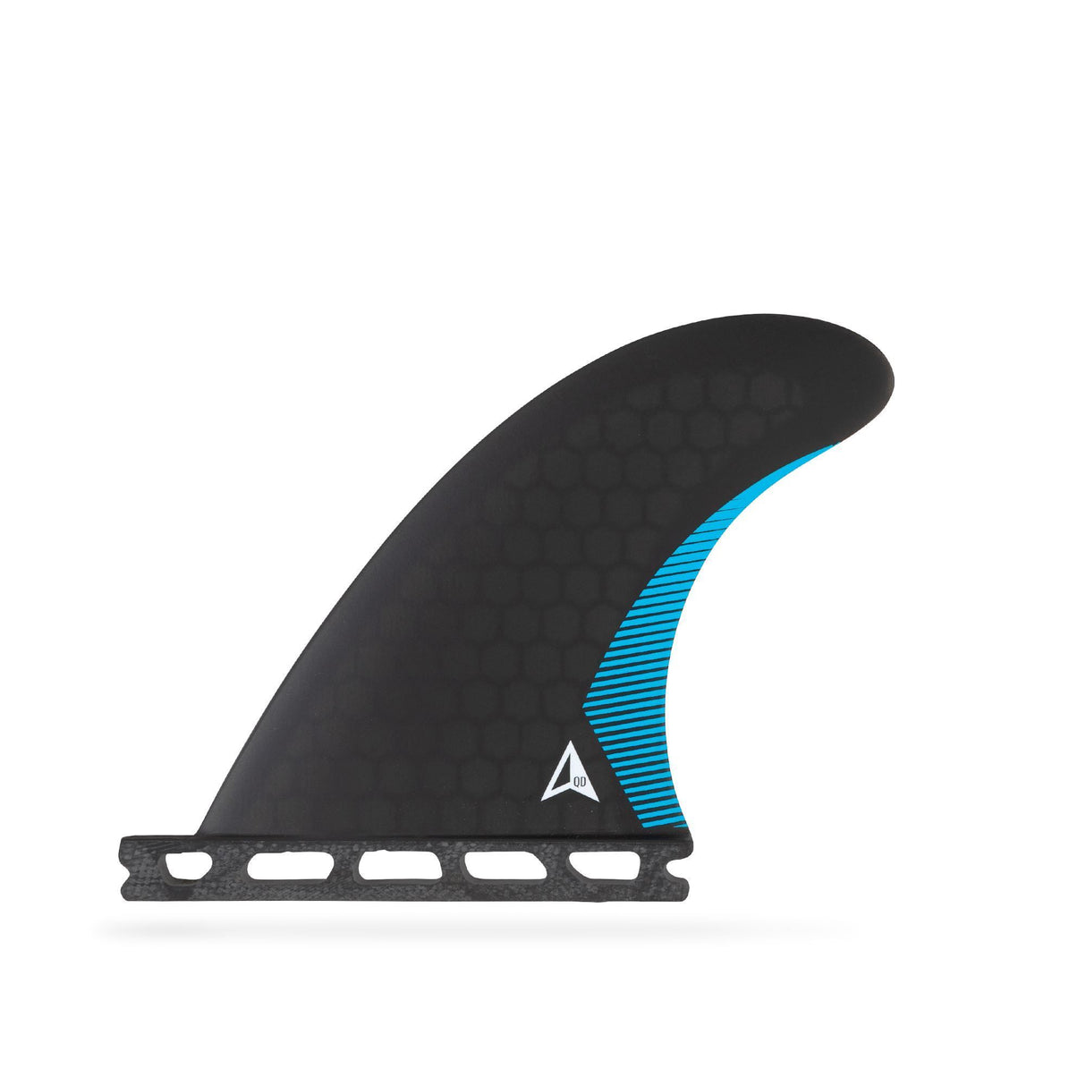ROAM Quad Rear Finnensatz one tab, schwarze Flosse mit blauem Streifen und Kunststoffbase, Seitenansicht