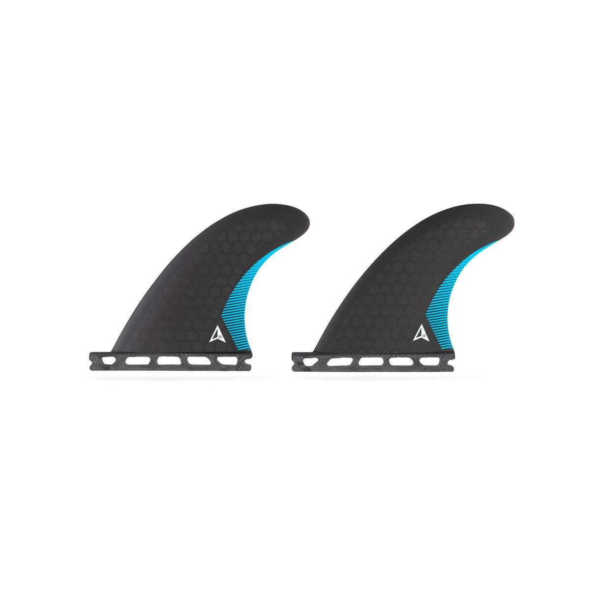 ROAM Quad Rear Finnensatz one tab, zwei schwarze Flossen mit blauem Kern und Einzeltab-Base, Frontansicht