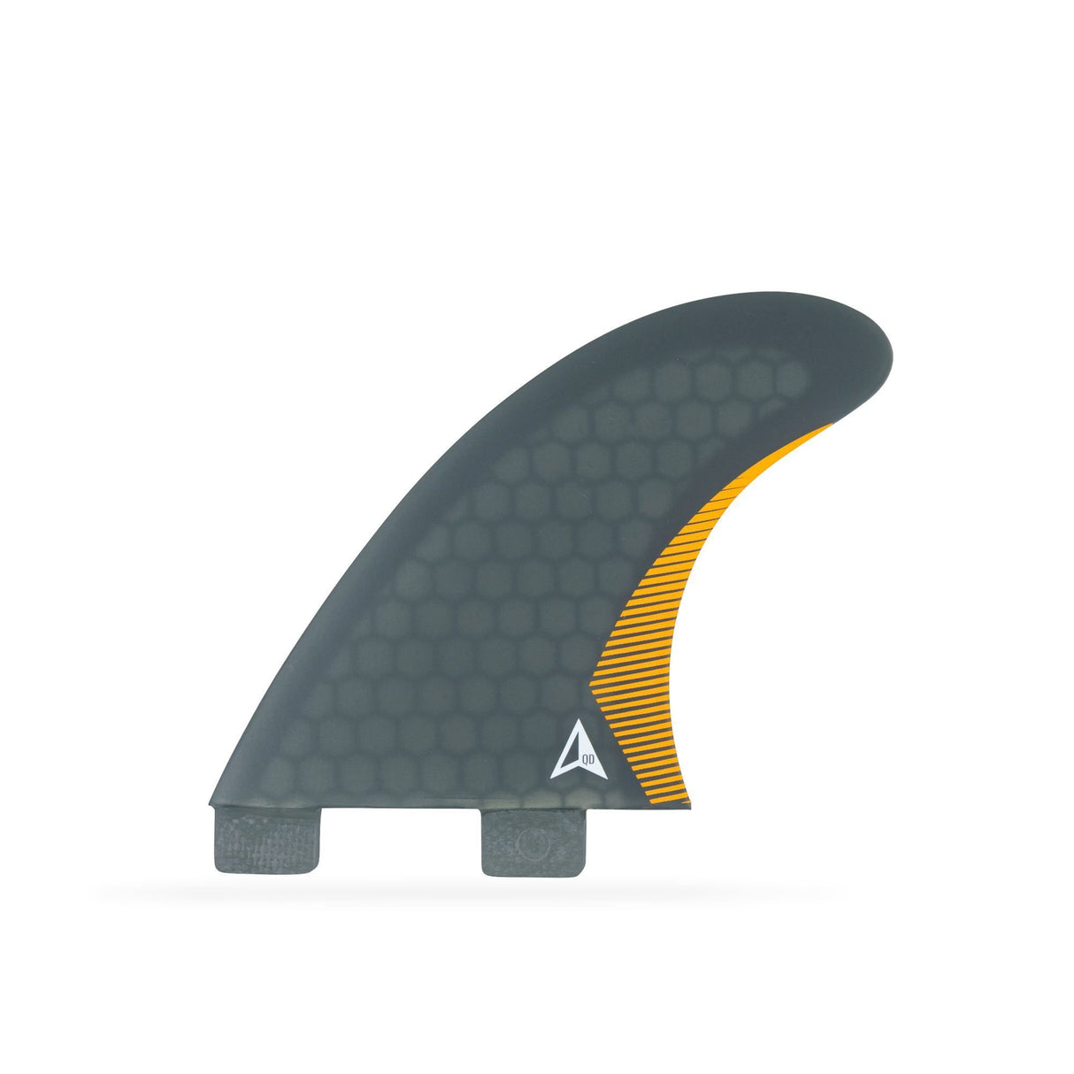 ROAM Quad Rear Finnensatz two tab, grau mit gelben Streifen, Surfboard-Finne mit zwei Tabs, Seitenansicht