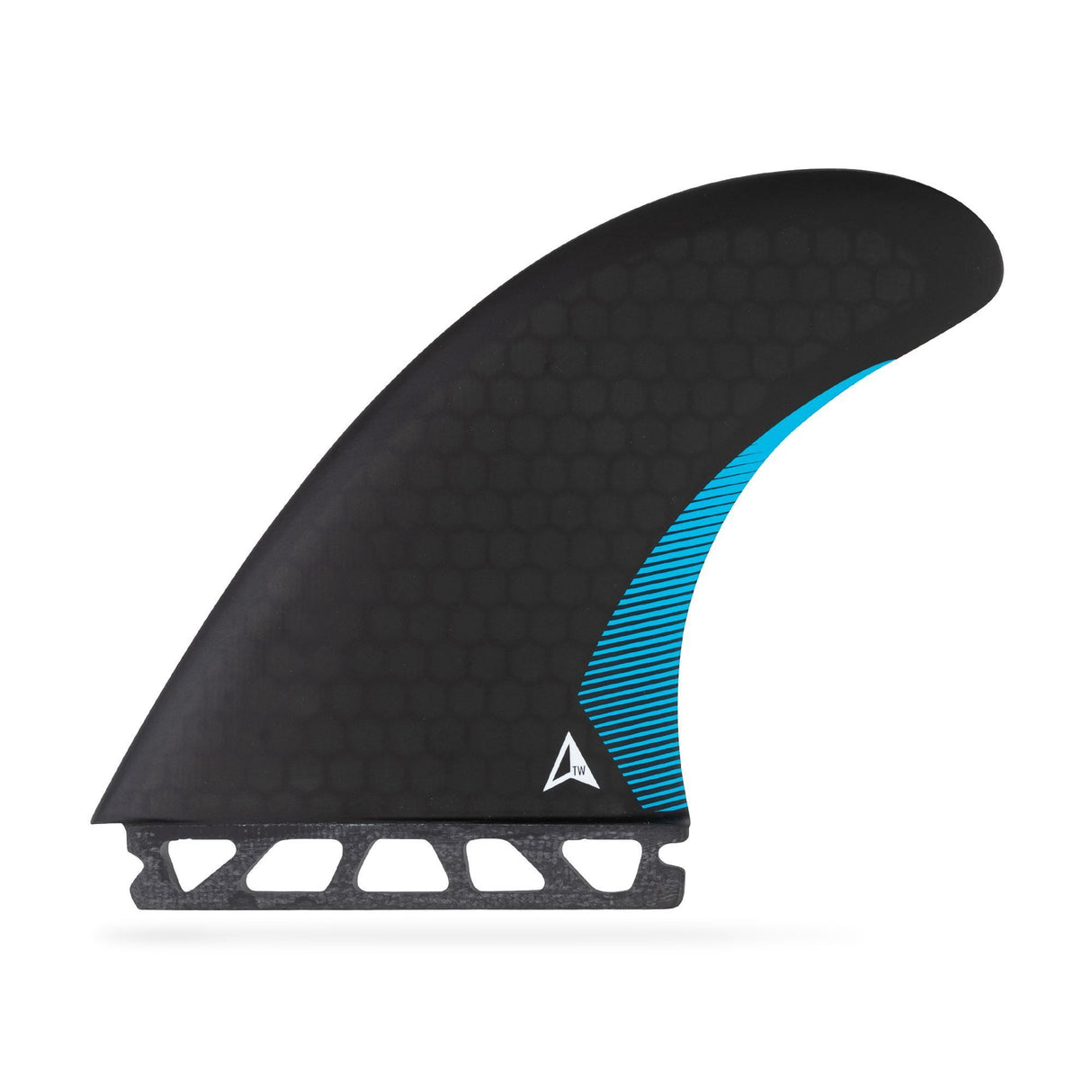ROAM Twin Finnensatz one tab, schwarze Surffinne mit blauem Streifen, Seitenansicht