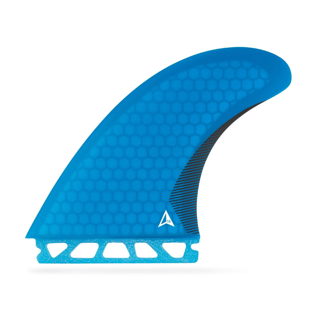 ROAM Twin Finnensatz one tab, blaue Surffinne mit Wabenmuster und Baseplate, Seitenansicht