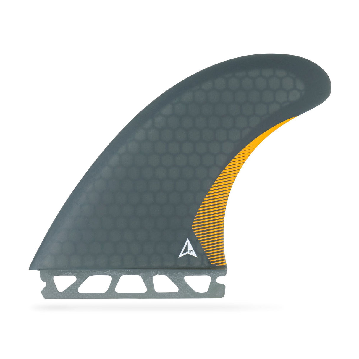 ROAM Twin Finnensatz two tab, grau mit gelbem Streifen, Surffinne mit Honeycomb-Textur, Seitenansicht